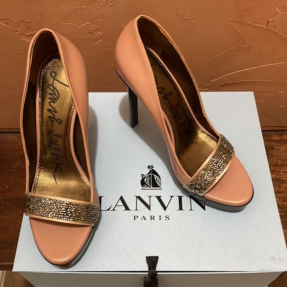 Lanvin Paris open toe platform heel sandals, nude and black with studded vamp - Picture 7 of 14